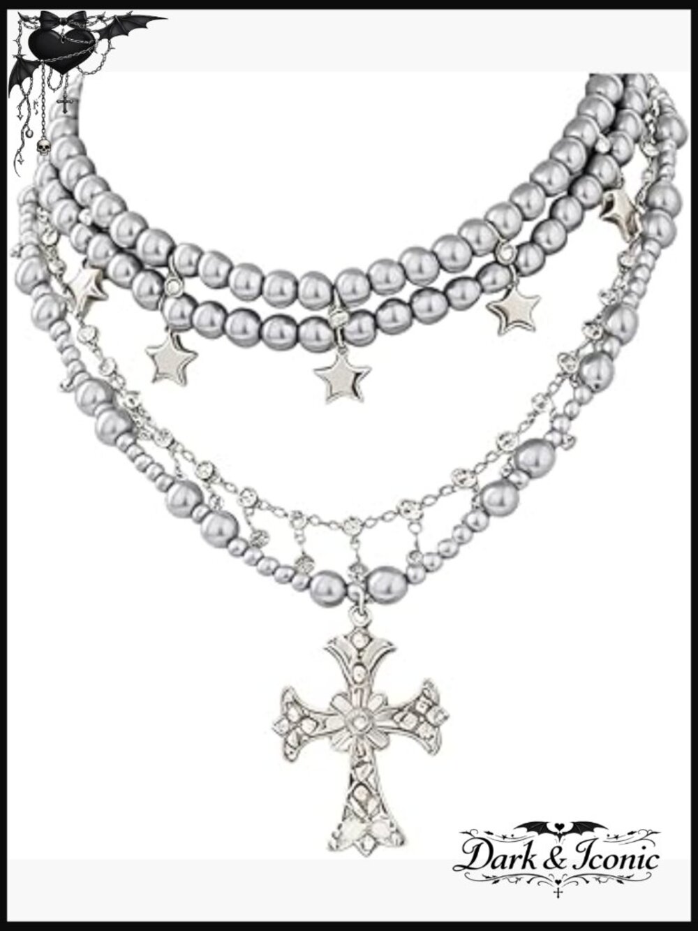 Layered Pearl Cross Pendant Necklace for Women Punk Gothic Y2k Accessory